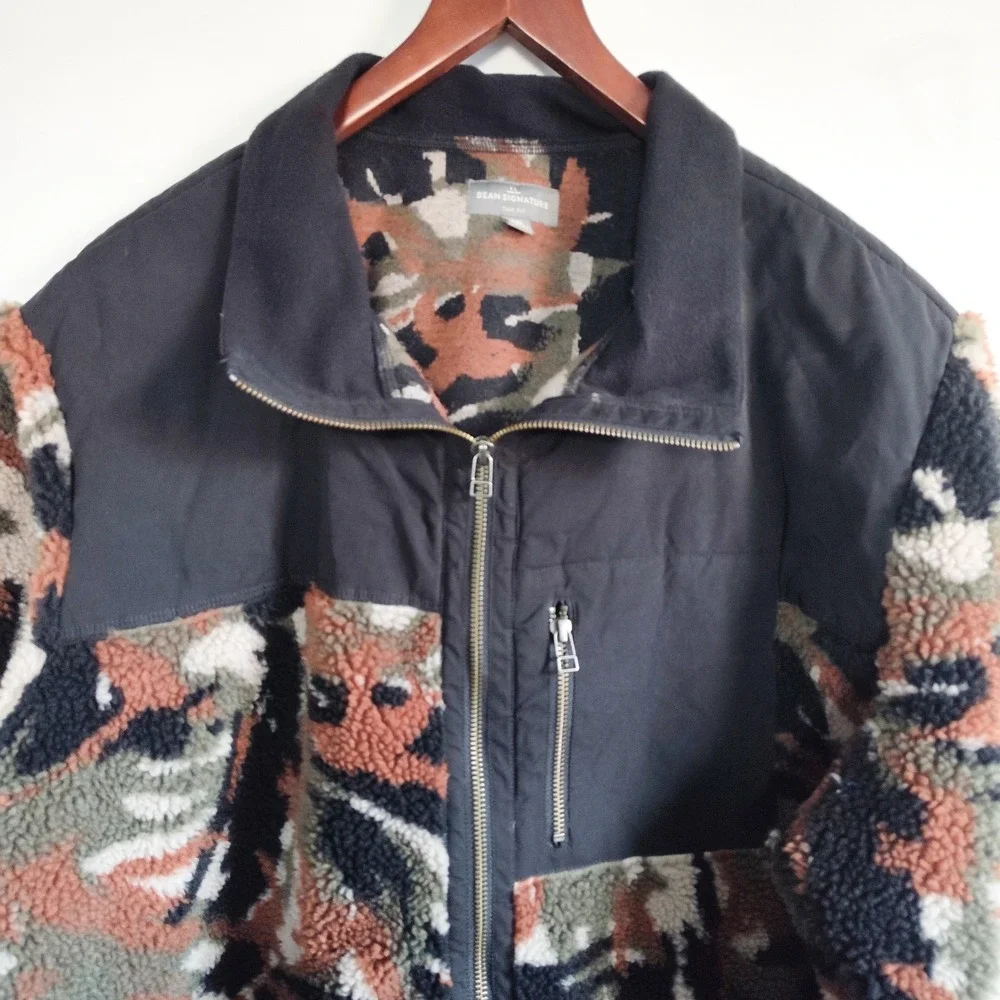 LL‎ Bean Signature Fleece Pullover Size XXL High Pile 1/2 Zip Camo Black Green